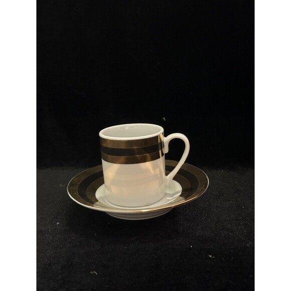 L.Godinger & Co Demitasse Demi Cup Saucer Harlequin Black Gold Stripes Espresso - Picture 2 of 3